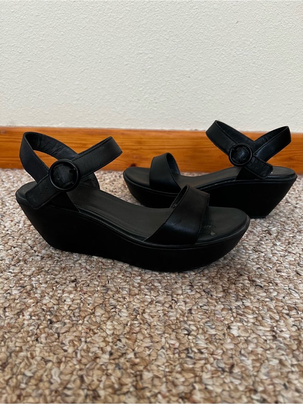 Camper Black Leather Wedge Sandals with Buckle Strap